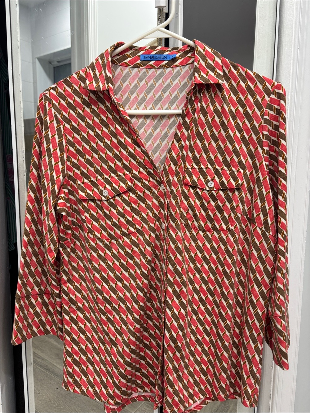 J. McLaughlin Red, Cream & Brown Patterned Button-Up Blouse
